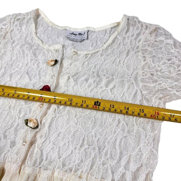 Vintage 90s Lace Midi Dress Sz.M Ivory Pleated Sheer Prairie Cottage Romantic - Picture 10 of 15